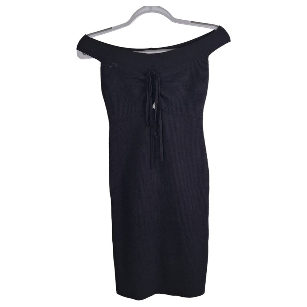 Express Super Body Contour Black Ribbed Mini Dress Drop Shoulder M